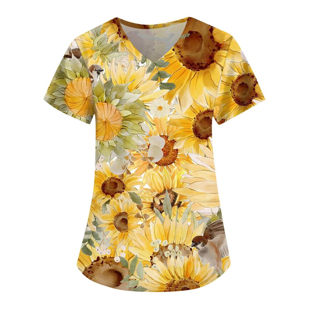 Nursing Uniforms for Women Simple Sunflower Pattern Clinical Uniforms Short-Sleeved V-Neck Fashion Prints Surgical Uniform 2025