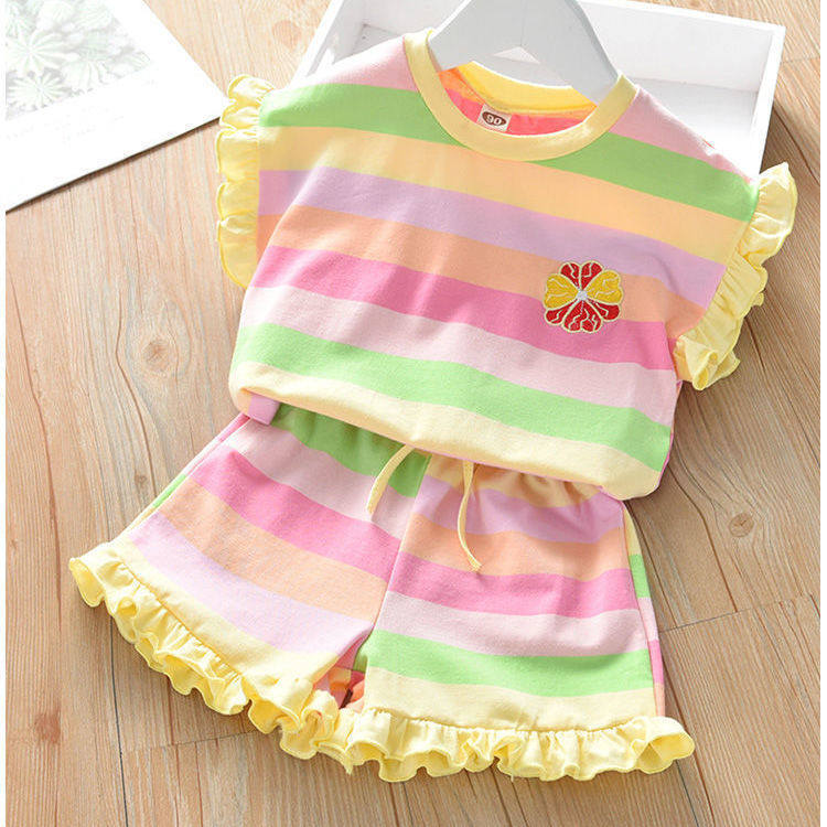 Girls Summer Rainbow Sports Set Toddler Short Sleeve T Shirt And Shorts Two Piece Casual Outfit