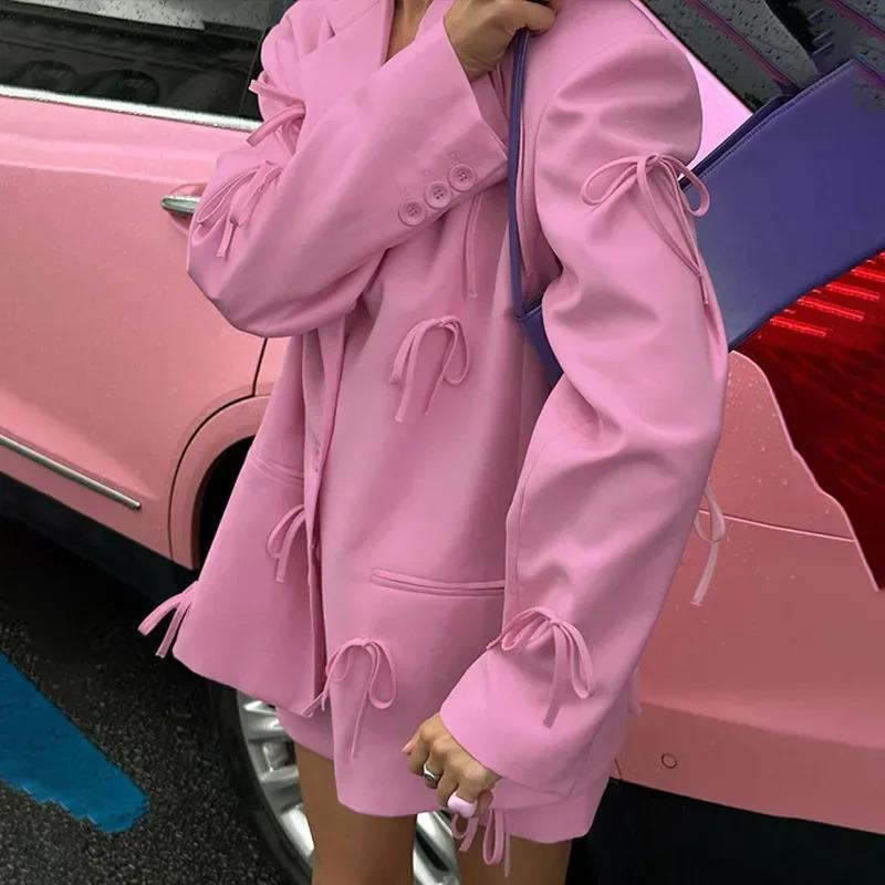 Women Y2k Bow Casual Office Blazer Top Cute Notch Lapel Button Up Jacket Oversized Long Sleeve Coat