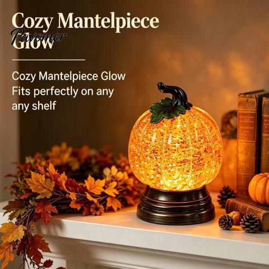 Autumn Home Decor Pumpkin Snow Sphere Lamp, Glitter Lighted Ornament, Fall Table Sparkling Resin Sculpture Centerpiece with Warm LED Lights