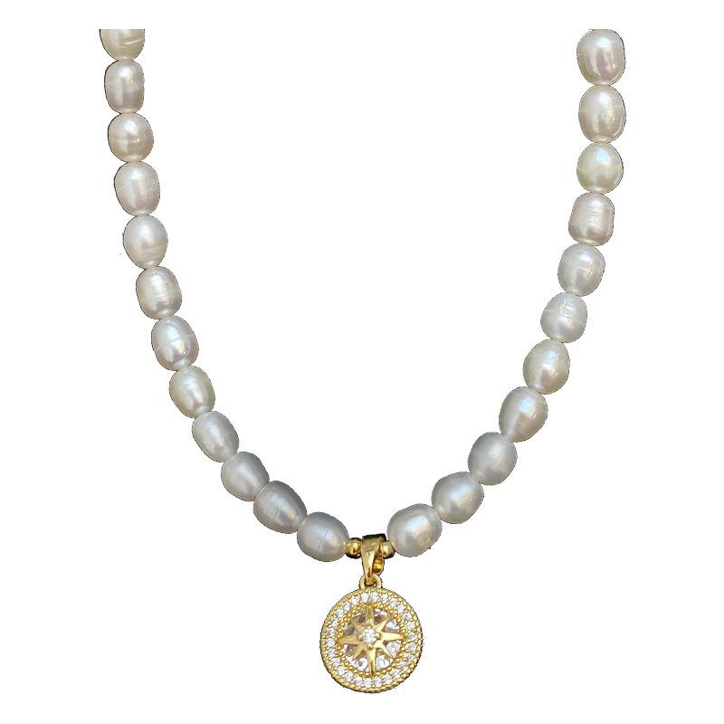 Octagram Compass Pendant Rice Grain Freshwater Pearl Necklace Women'S Light Luxury Temperament Fashion Cold Wind Clavicle Chain