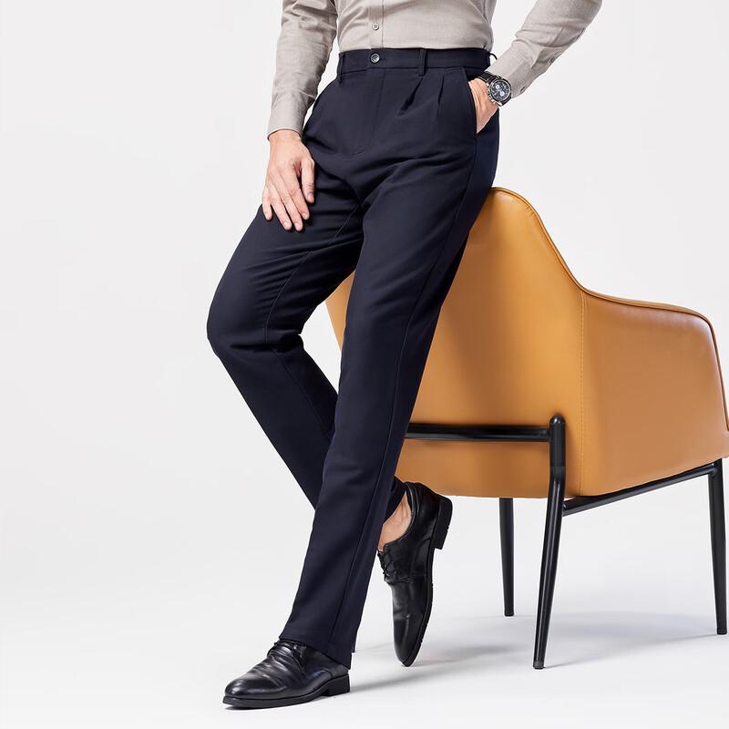 Langdeng Men's Thick Double Pleat Business Casual Pants