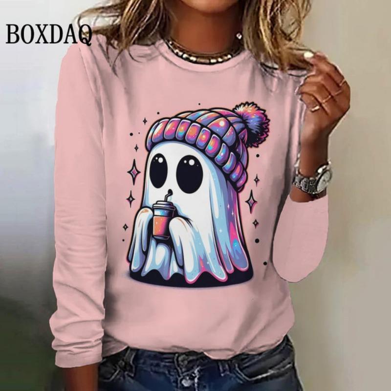 Cute Cartoon Women's Long Sleeved T-Shirts Halloween Ghost Round-Neck Loose Clothing Fashions Festival Casual Ladies Shirts Tops