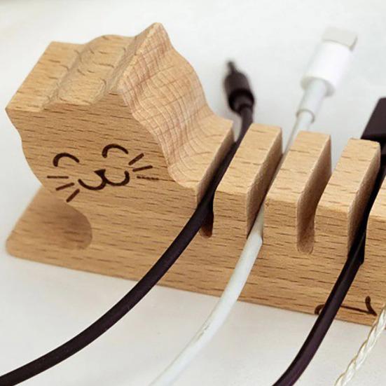 Wooden Cat Cable Organizer Home Office Desk Phone Charging Data Cord Holder Keeper Animal Power Wire Management Clip