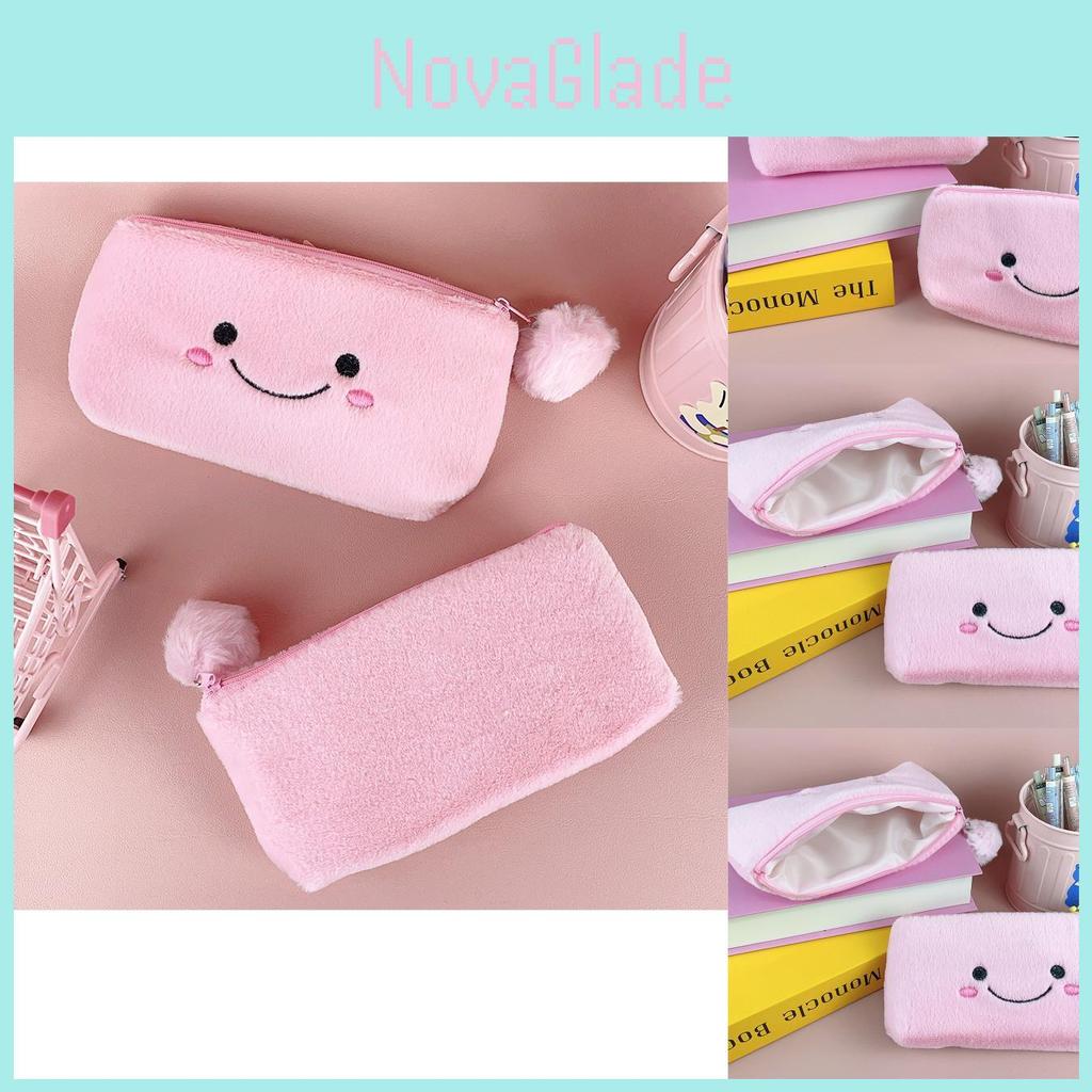 Cute Pink Smiling Pom Pom Large Capacity Pencil Case Plush Storage Bag For Students