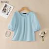 Women Casual Round Neck Solid Color Half Sleeve Blouse