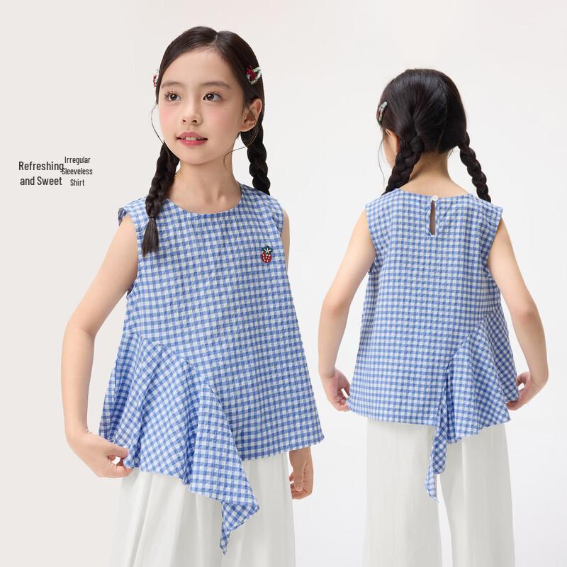 Xiaoyinman Girls  Summer Plaid Sleeveless Top with Strawberry Embroidery 120