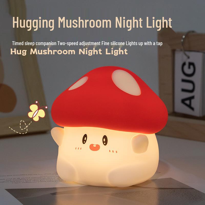 Mushroom Night Light: USB Rechargeable, Dual Brightness Silicone Tap Lamp with Timer - Cute Bedside Sleep Companion LED.