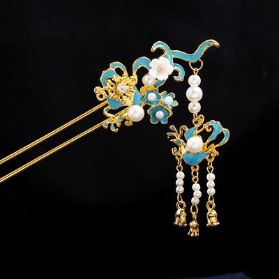 Antique Cloisonne Hairpin Hairpin Hairpin Ancient Clothing Hair Accessories Burnt Blue Phoenix Hairpin Retro Fringed Step Shake Hanfu Accessories