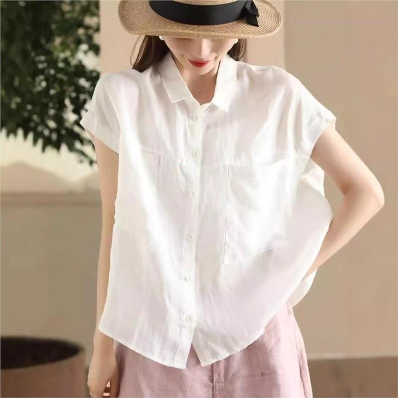 Johnature Women Solid Color Sleeveless Shirts Turn-down Collar Button Summer Pockets Women Vintage Blouses Tops