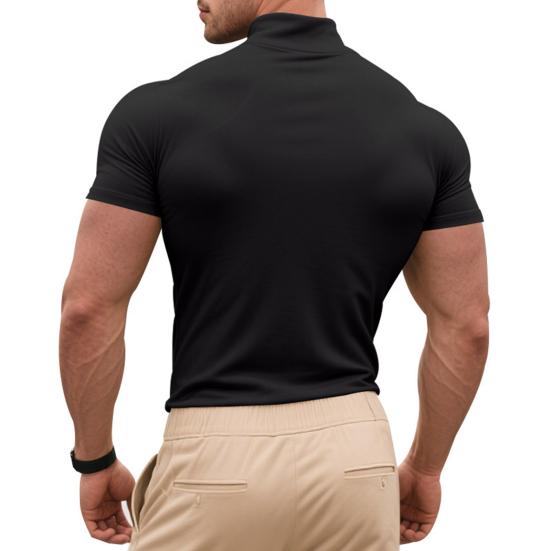 Men Casual T-shirt Half High Collar Short Sleeve Slim Fit Pullover Tops Solid