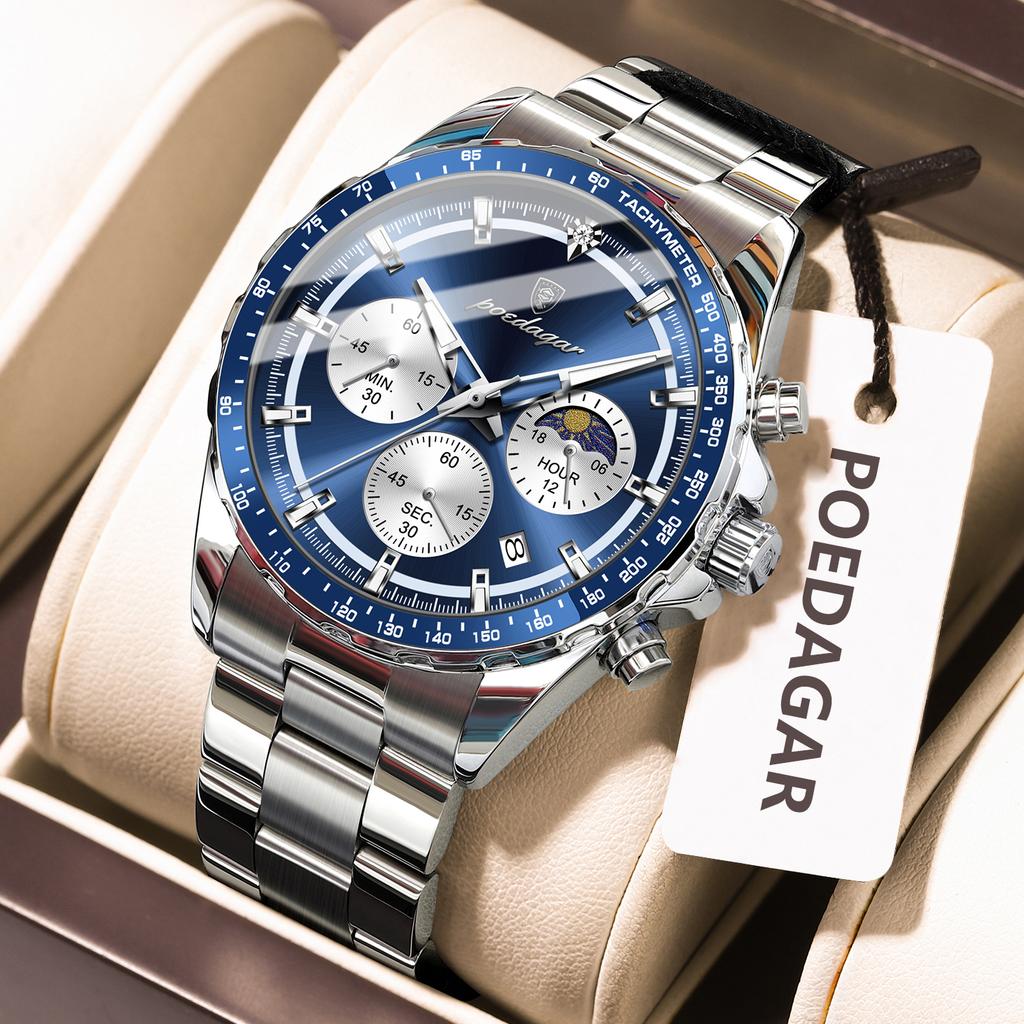 POEDAGAR Luxus Sportuhr für Herren Wasserdicht Leuchtend Datum Chronograph Herren Armbanduhr Edelstahl Herren Quarzuhren+Box