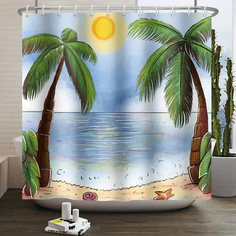 Summer Seaside Shower Curtains Ocean Beach View Coconut Trees Bath Curtain Polyester Fabric Bathroom Restroom Decor With Hooks