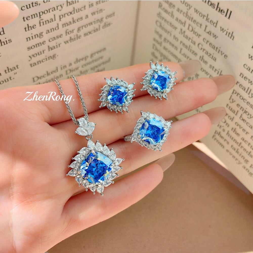 Women Elegant Jewelry Set Pink Tourmaline Square Ring Pendant Necklace High Carbon Diamond Stud Earrings