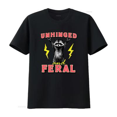 Unhinged and Feral Raccoon T Shirt Funny Summer Girl Mental Health Sarcastic Vintage Washed Slightly Casual Graphic Versatile