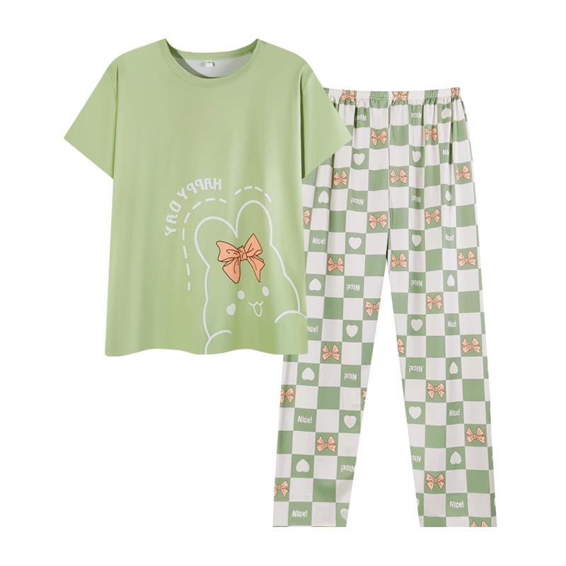 Plaid Cartoon Pajamas Women's Summer Vitality Girl Round Neck Short-sleeved Trousers Suit Casual Can Be Worn Outside Loungewear