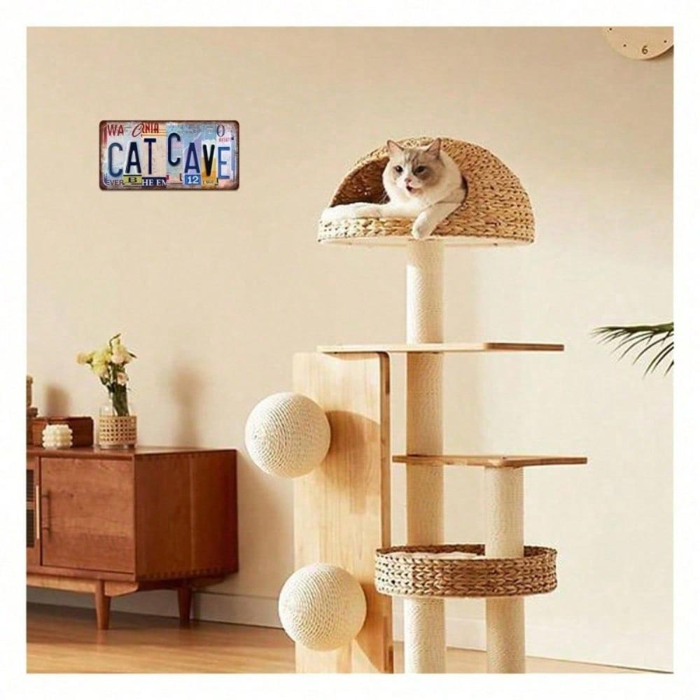 Vintage Cat Cave License Plate 5.9x11.8 Funny Tin Sign Wall Art, Feline Metal Tag for Bathroom Home Garage