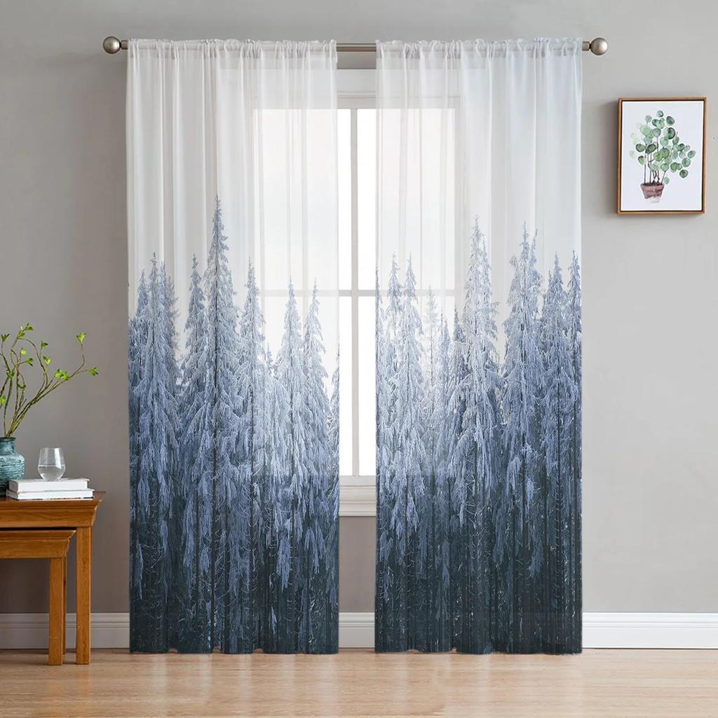 Pine Forest Gradient Snowflake Sheer Curtain for Living Room Hall Wall Dress Up Home Window Supplies Pop Print Tulle Curtains