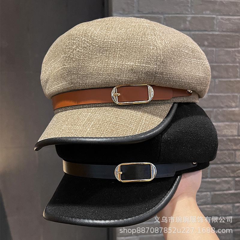 Autumn and winter new simple belt octagonal hat women's fashion versatile cap outdoor woolen warm newsboy hat
