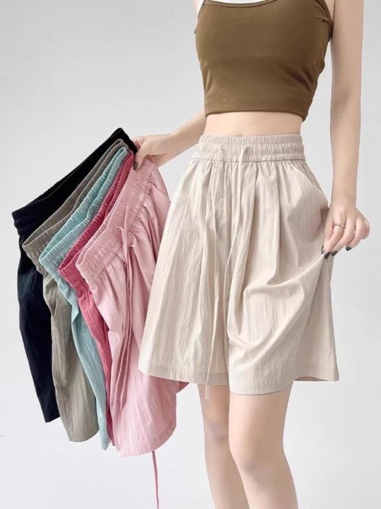Women's Ice Silk Wide-Leg Shorts, Breathable & Loose, High-Waist, Non-Rolling Hem, Stretchy Plus Size Capris for Casual Wear