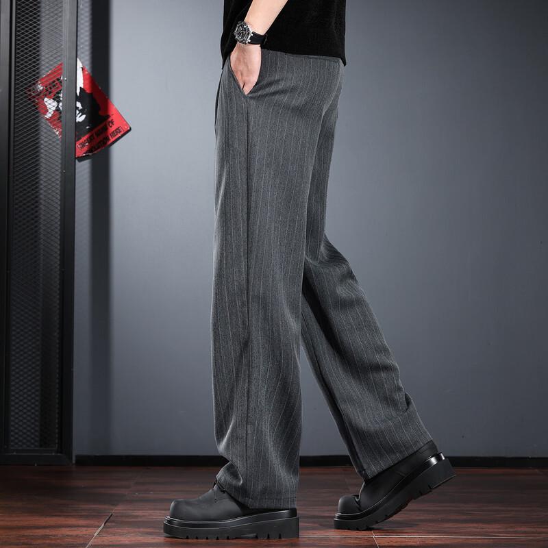 JIELEINUO Men's Old Money Style Striped Loose Straight-Leg Trousers