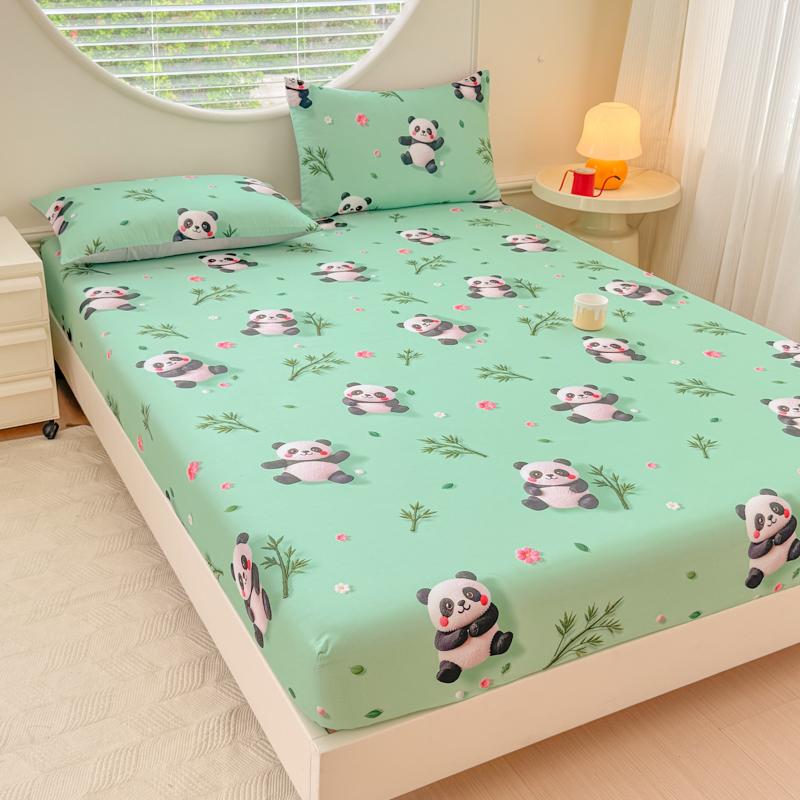 Panda Printed Fitted Bed Sheet with Elastic Cool Feeling Brushed Bedsheet Queen/King Size 5D Digital Printed Mattress Protector