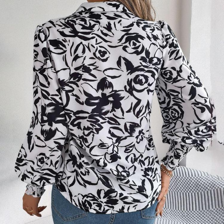Elegant Floral Print Long Sleeve V Neck Blouse for Women Spring Autumn