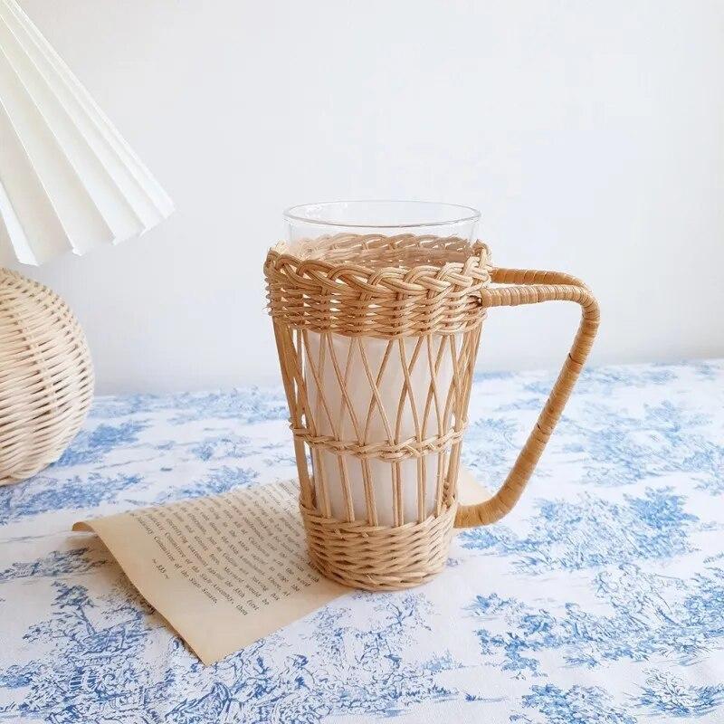 Rattan Woven Glass Water Cup Cover Handle Protection Holder Case