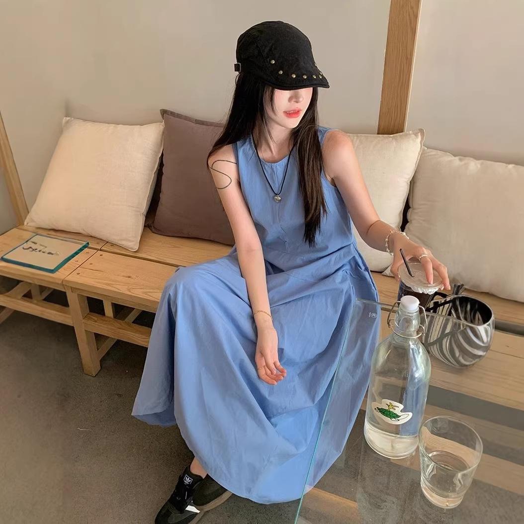 French-Inspired Blue Sleeveless Slim A-Line Dress – Women s Summer Waist-Cinching Long Dress Small