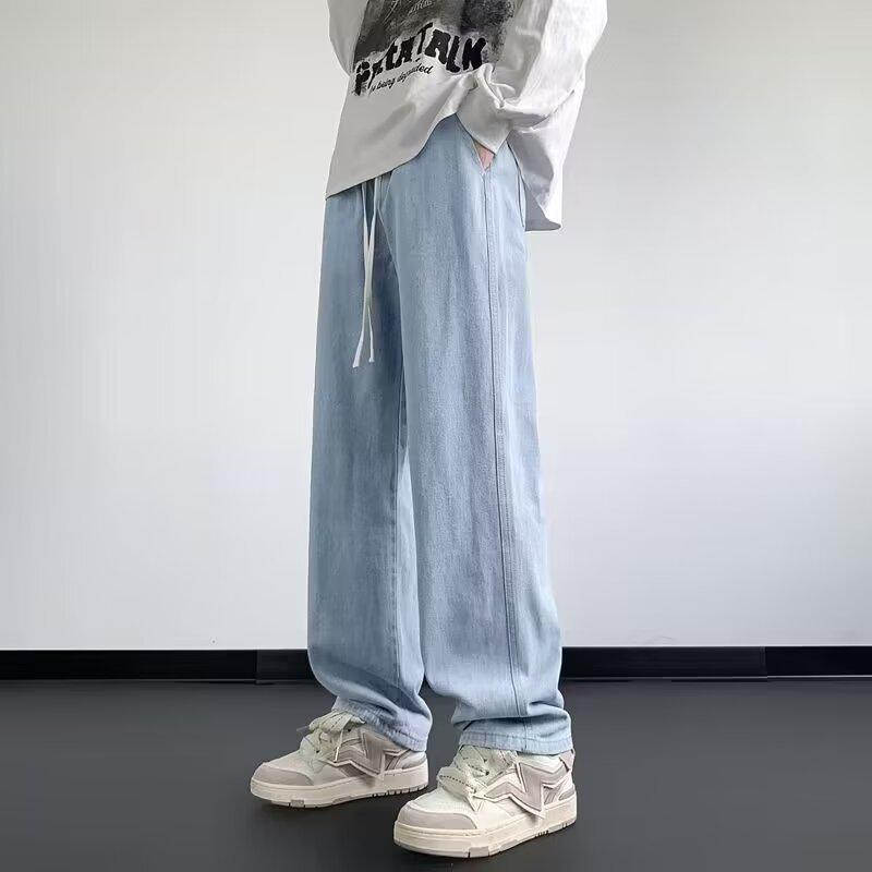 Pánské volné letní džíny rovného střihu s novým elastickým pasem, pouliční ležérní dlouhé kalhoty