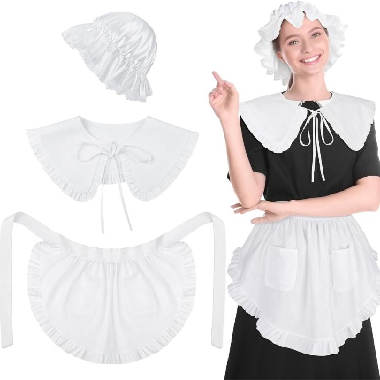 3 Pieces Halloween Colonial Costume Accessories Colonial Apron Pilgrim Costume Set White Mobs Caps Half Apron for Woman