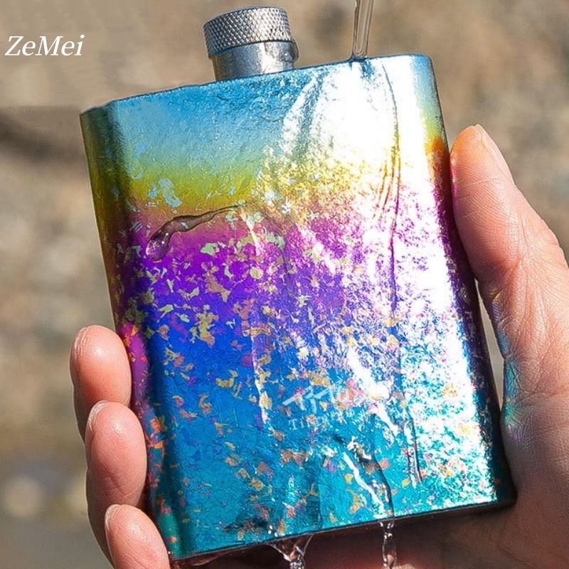 Portable Pure Titanium Hip Flask,3.4oz Spirits Vodka Cup Outdoors Whiskey Hip Flask,Flat Shape Flagon Men Gift Multiple Options