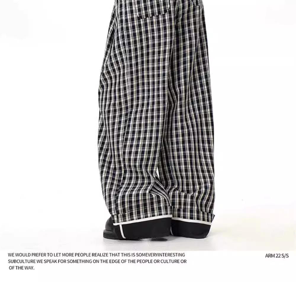 Retro British Style Plaid Striped High-Waist Wide-Leg Trousers