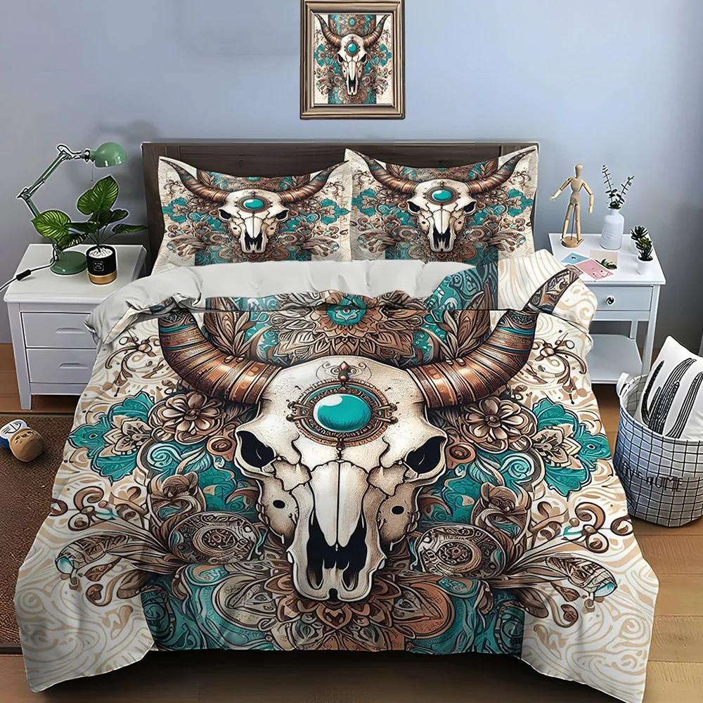 Native American Cattle Skull Art Print Bedding Set Duvet Cover 1 Duvet Cover 2 Pillowcases Adult and Kids Bedding Set Luxury