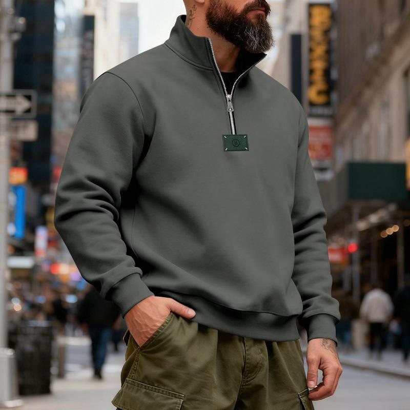

Men s Winter Fleece Lined Half Zip Sweatshirt Casual Solid Color Stand Collar Pullover Top with S зелений