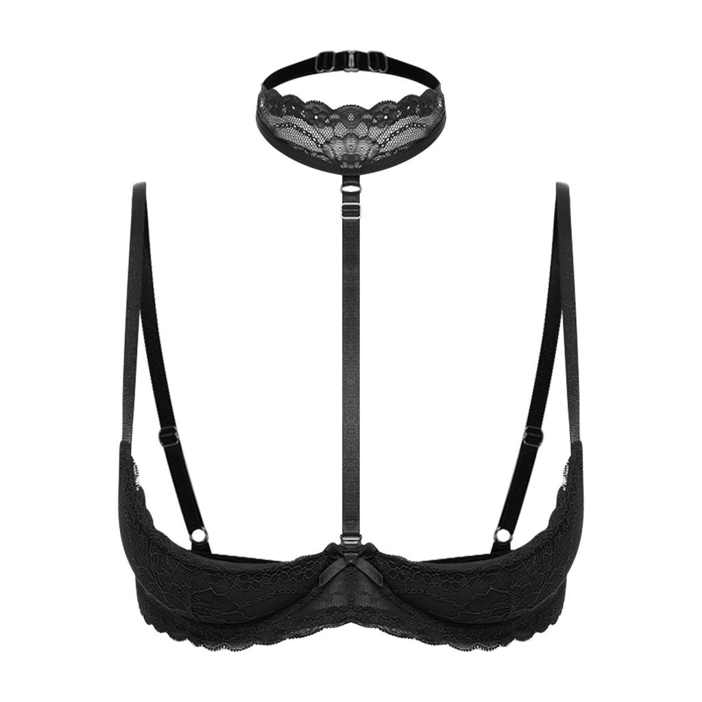 Damen 1/4 Cup Push-Up Ungefütterter Spitzen-BH Bügel-Balkonett-BH-Top Weiche Brustpolster Choker