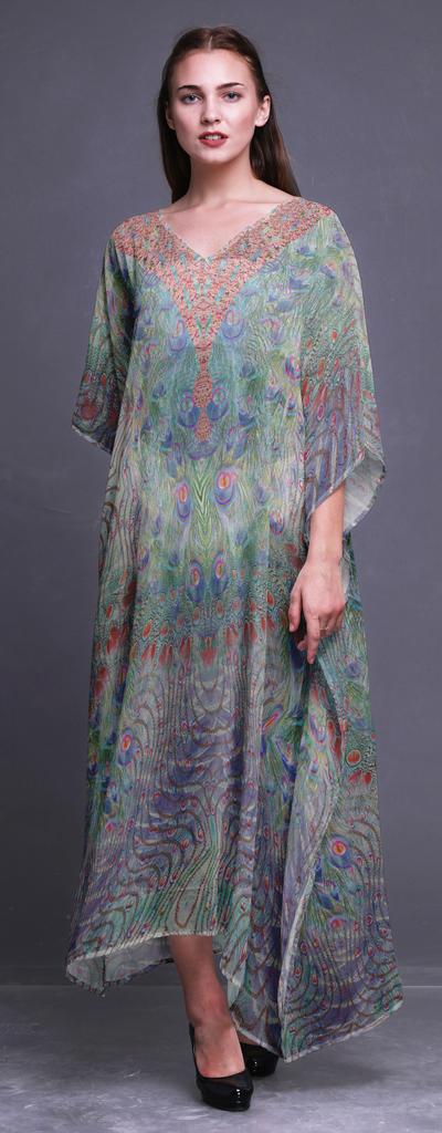 Phagun Peacock Feather Ladies Plus Size Kaftan Summer Wear Beach Coverup Kimono