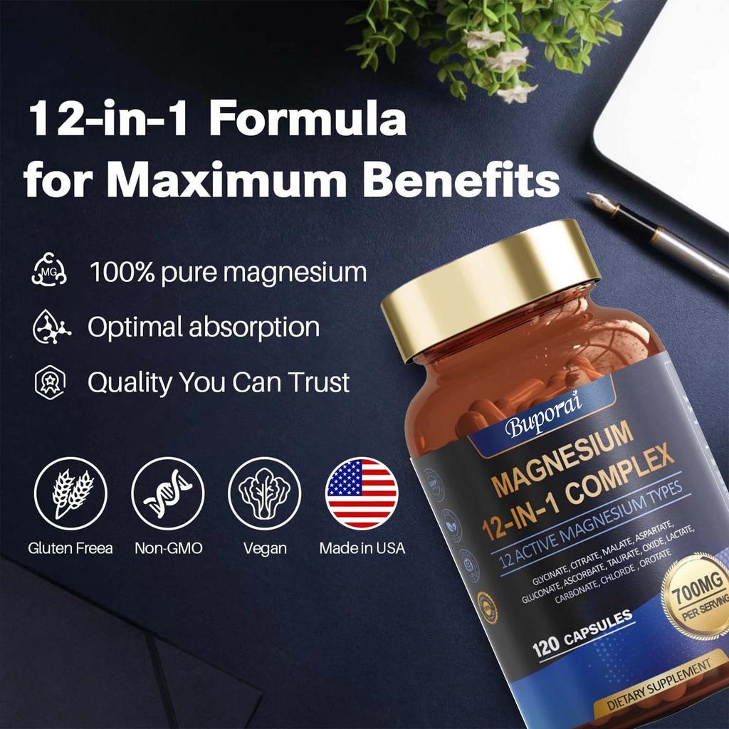 Buporai Integratore alimentare Complesso di Magnesio 12-in-1, contenente citrato di magnesio e malato di magnesio, supporta il benessere quotidiano.