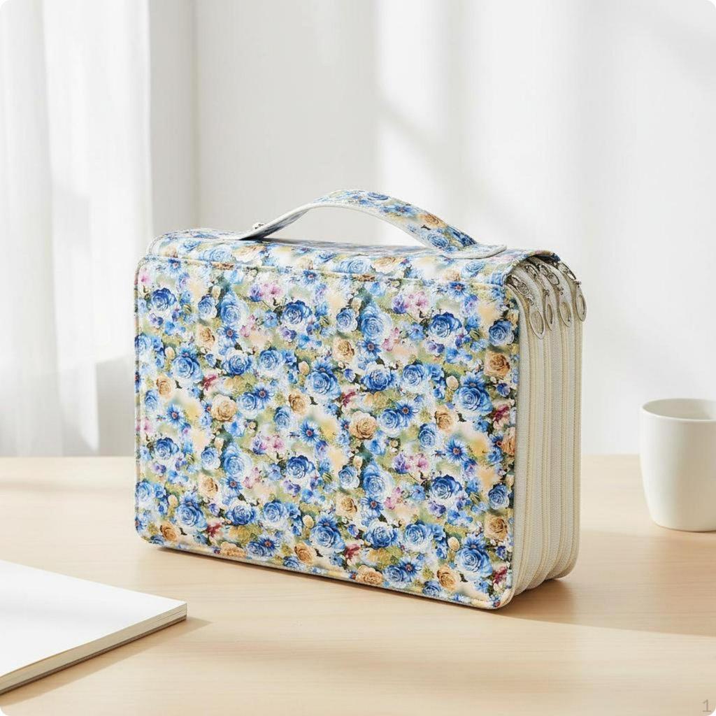 200 Slot Pencil Case Floral Print Multi Layer Zipper Bag Individual Elastic Slots Large