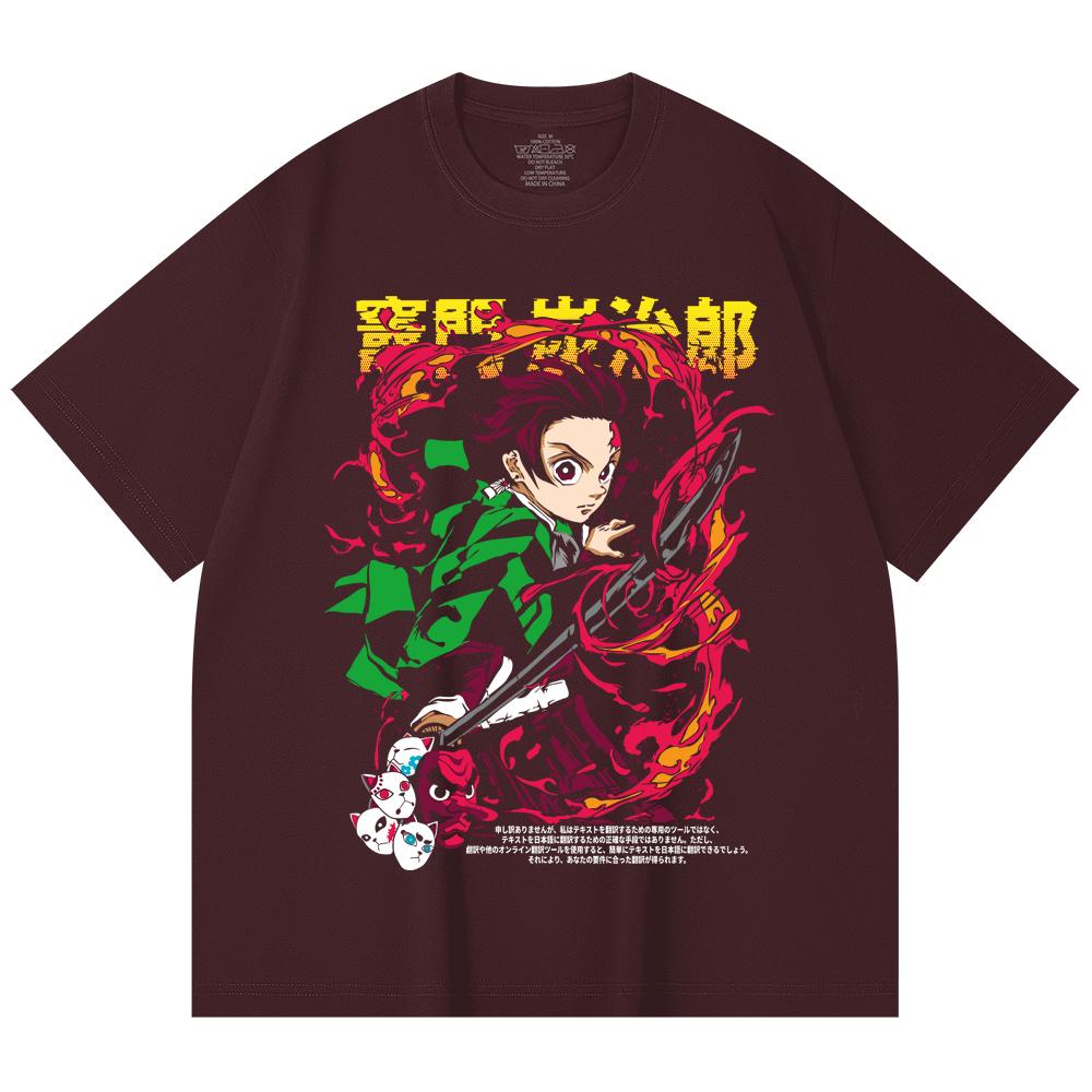 

230 Gsm 100% Cotton Demon Slayer V19 Tanjiro Print Unisex Heavy Cotton T Shirt 2XL вина червоного кольору