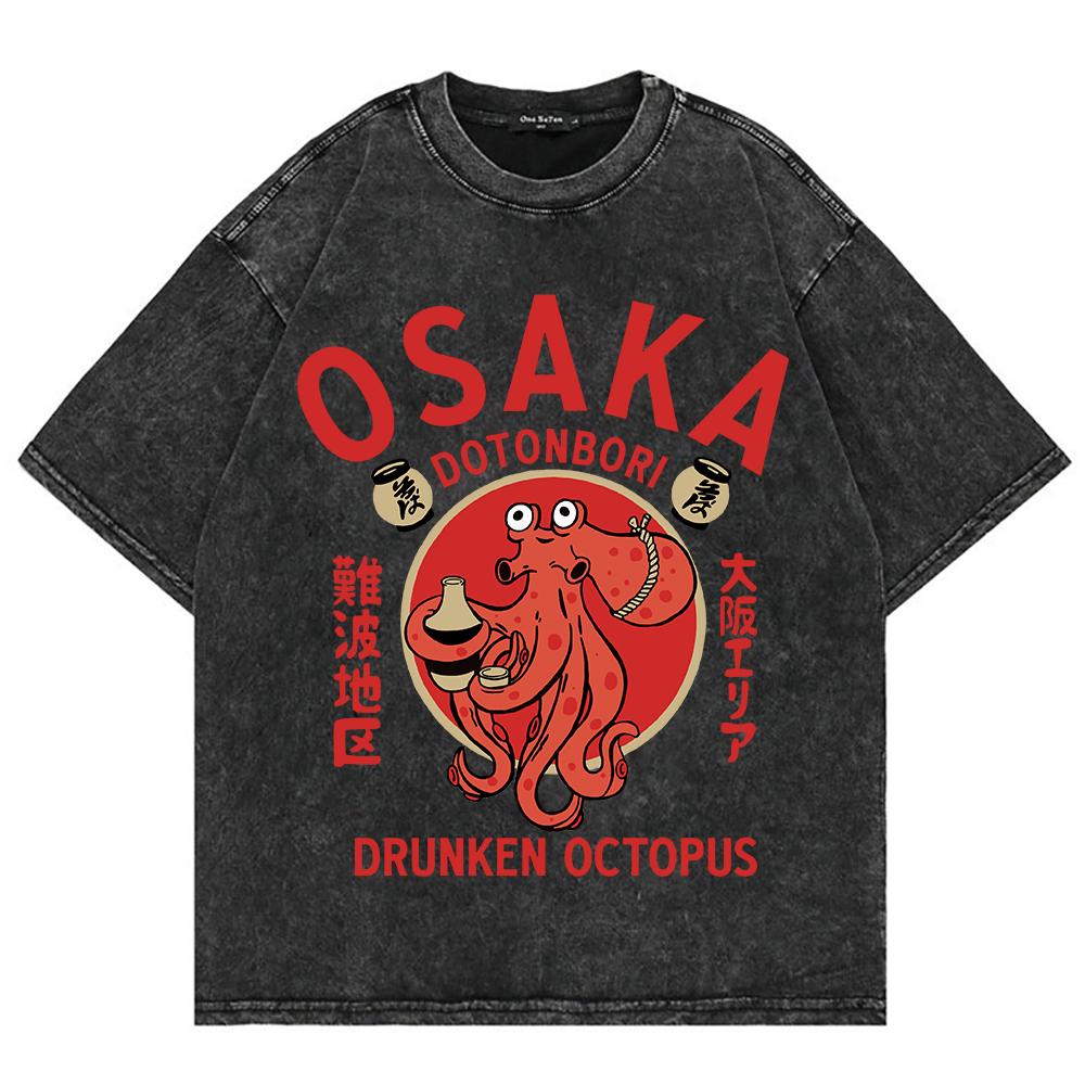 Cotton Vintage Washed Osaka Dotonbori Drunken Octopus T Shirt Hot Fashion Men Takoyaki Oversize Loose Acid Wash Tees Shirts