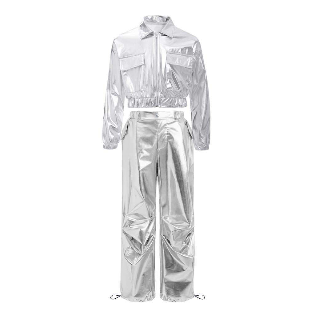 Unisex Kids Shiny Metallic Jacket Drawstring Cargo Pants Hip Hop Jazz Dance Costume Set