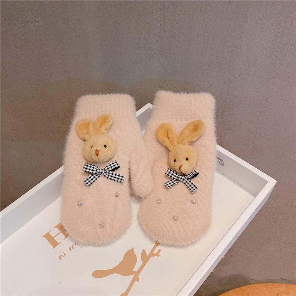 

Варежки с полным пальцем, плюшевые перчатки с бантом, утепленные милые перчатки, зимние студенческие вязаные перчатки, женские C