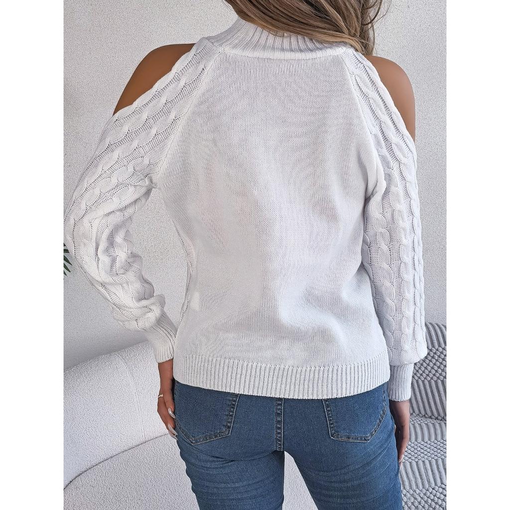 QICED Autumn and Winter Casual Twist Off-the-shoulder Semi-high Neck Long-sleeved Pullover Sweater Women's Wear