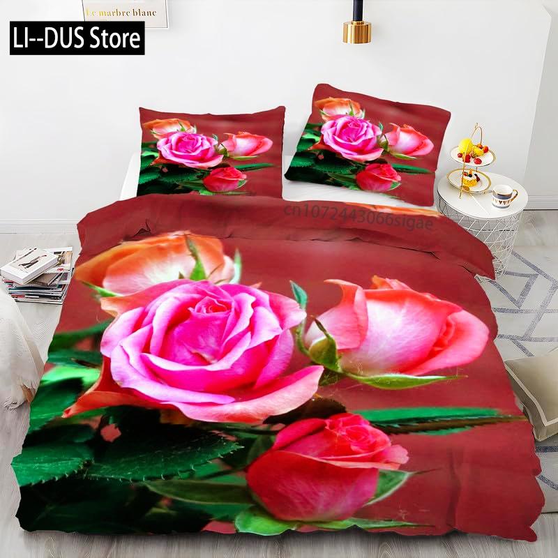 Roses Bedding Set Duvet Cover for Girls Women Couple Lover Romantic Comforter Cover Valentine's Day Bedroom Decor Quilt Cover