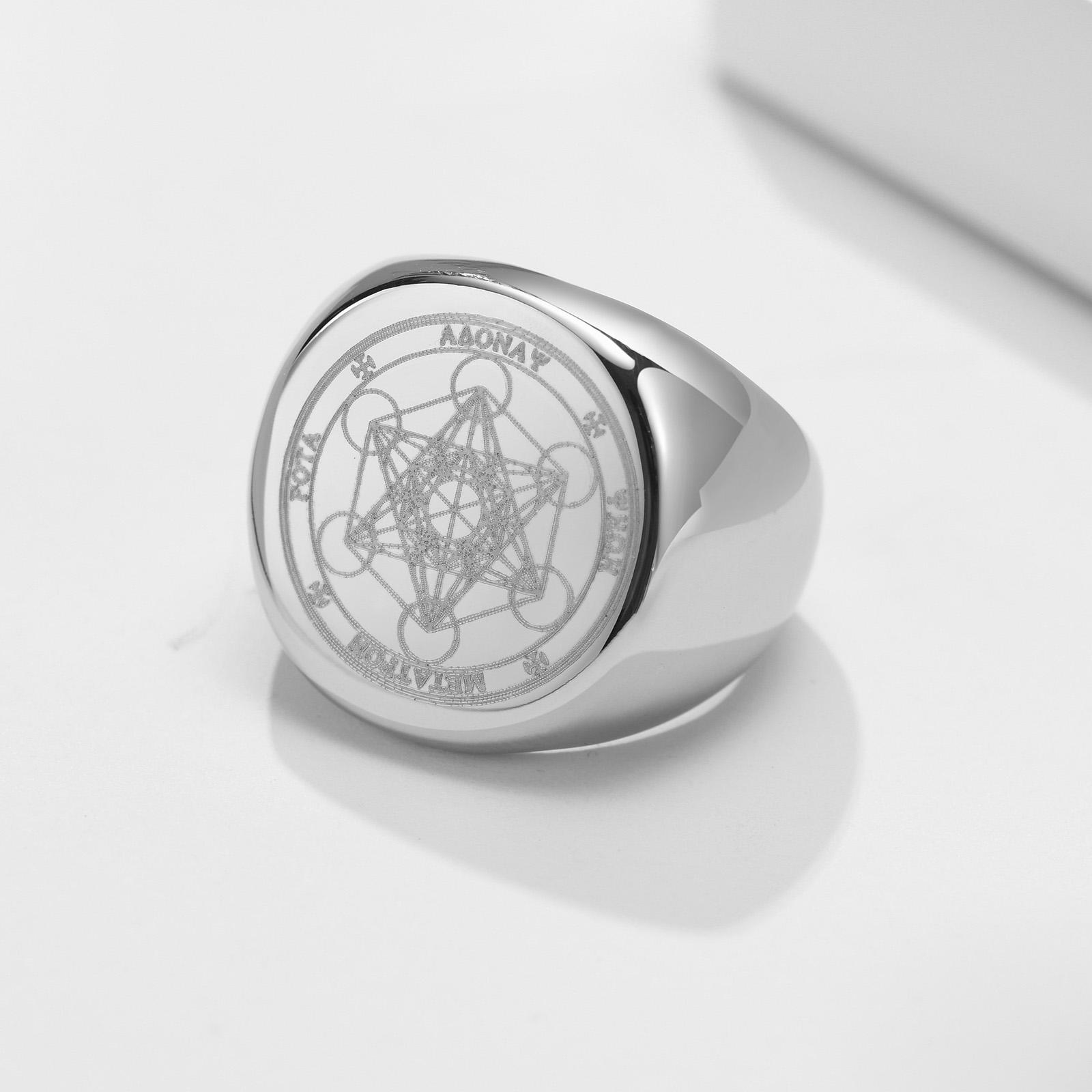 Vnox Sieben Siegel der Engel Ringe für Männer, Runde Stempel-Fingerringe, Metatron-Würfel Stempelring, Klobiger Punk Schmuck 13 white