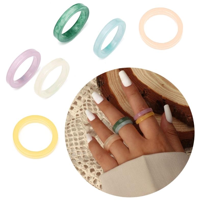 6pcs Set Korean Vintage Resin Rings Geometric Colorful Round Rings for Women Girls Simple Jewelry Gift Women Ring