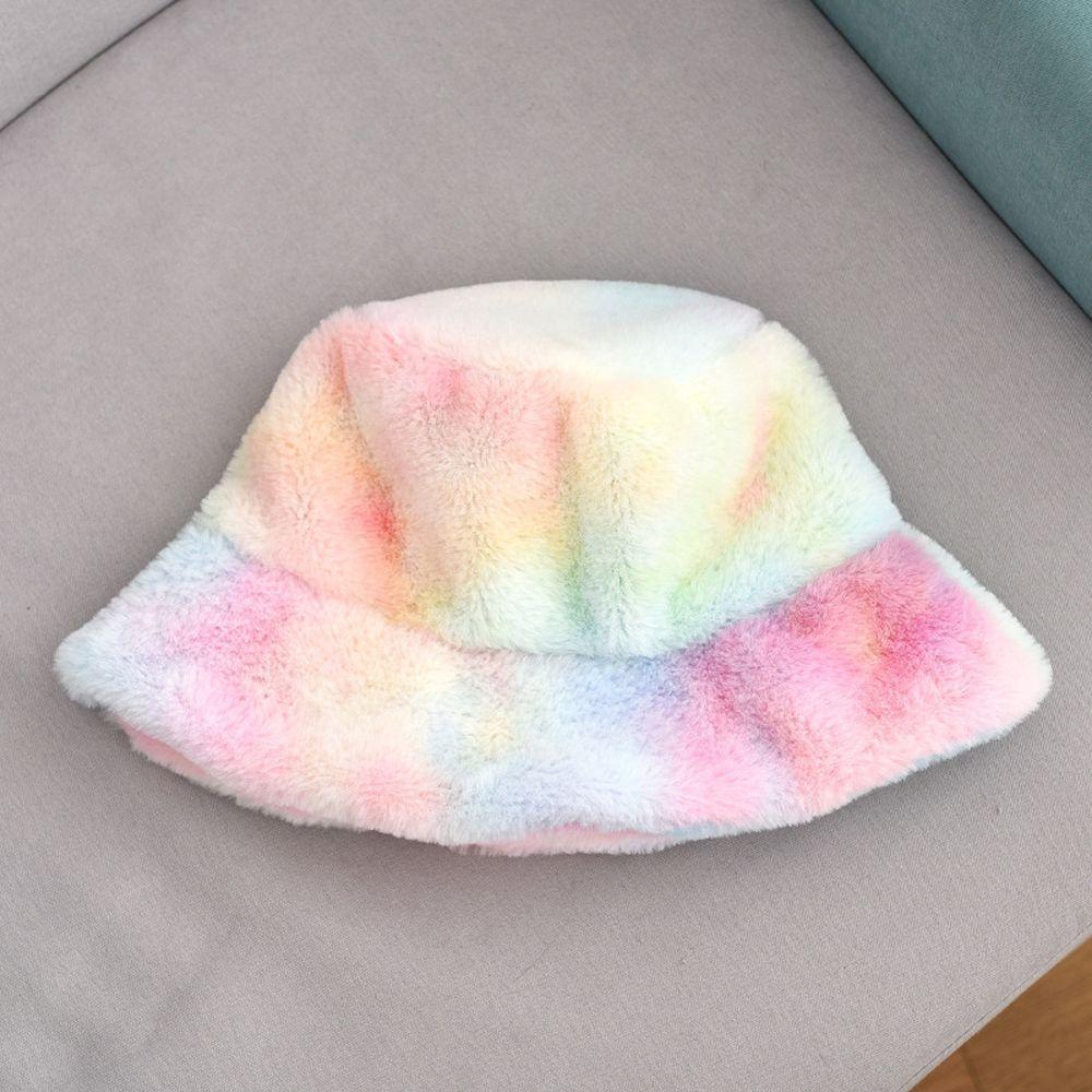 Rainbow Tie Dye Foldable Women Fisherman Hat Korean Style Cap Faux Fur Bucket Hat Autumn Winter Hat
