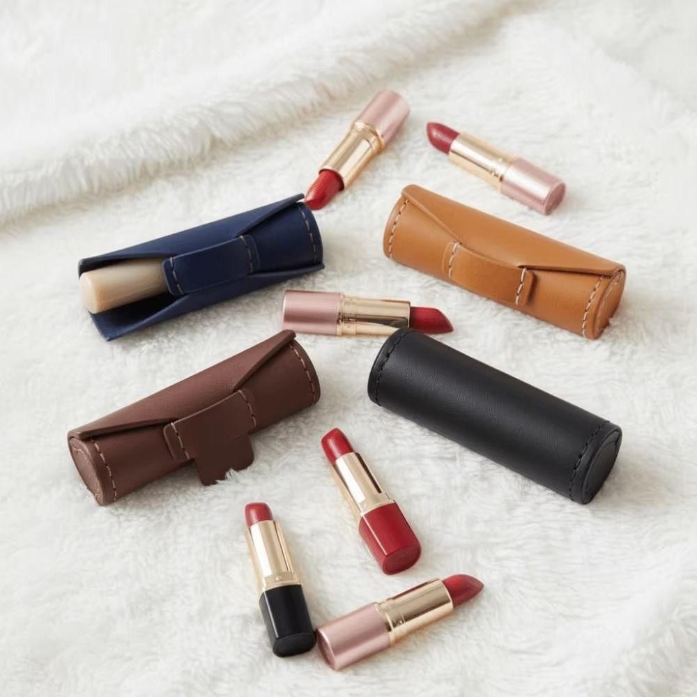 PU Leather Lipstick Storage Bag Protective with Lid Mini Lipstick Cover Portable Solid Color Seal Organizer Cosmetics