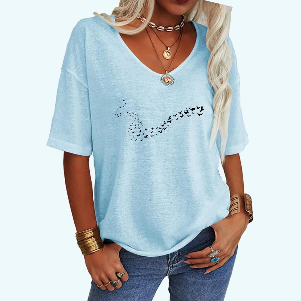 Dámské módní volné tričko ležérní výstřih do V letní top potisk krátký rukáv tričko